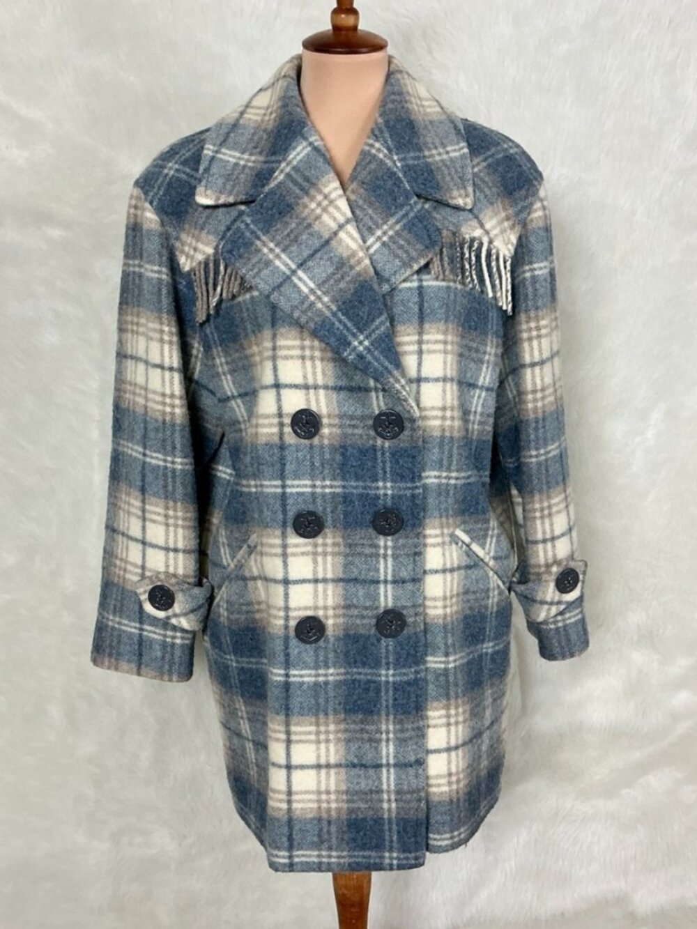 Vintage 70s 80s Blue Gray Ivory Plaid Wool Fringe Double Breasted Peacoat US S/M